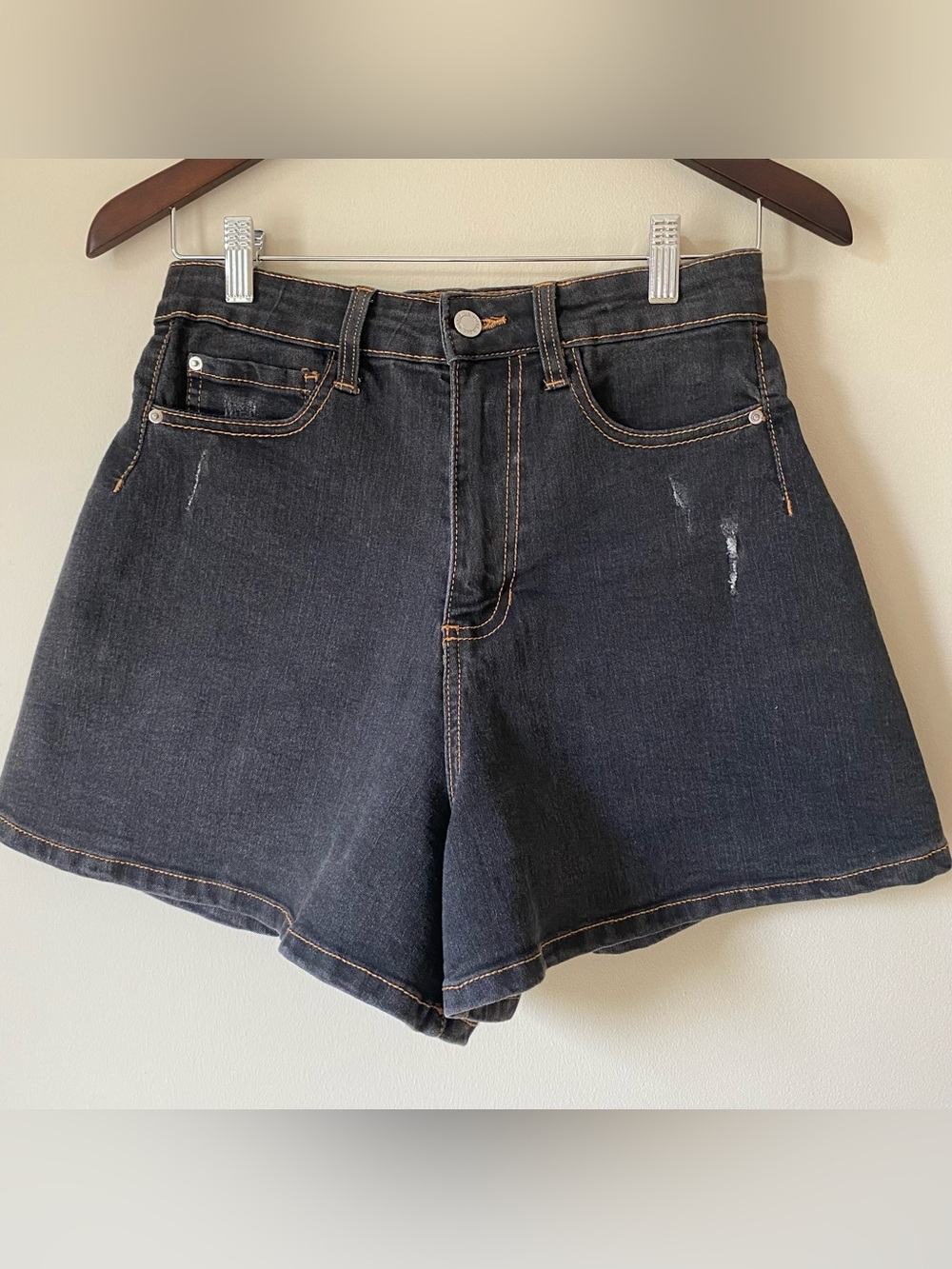 WeWoreWhat Black Denim Flare Shorts High Rise Contrast Stitch Distressed Sz 24